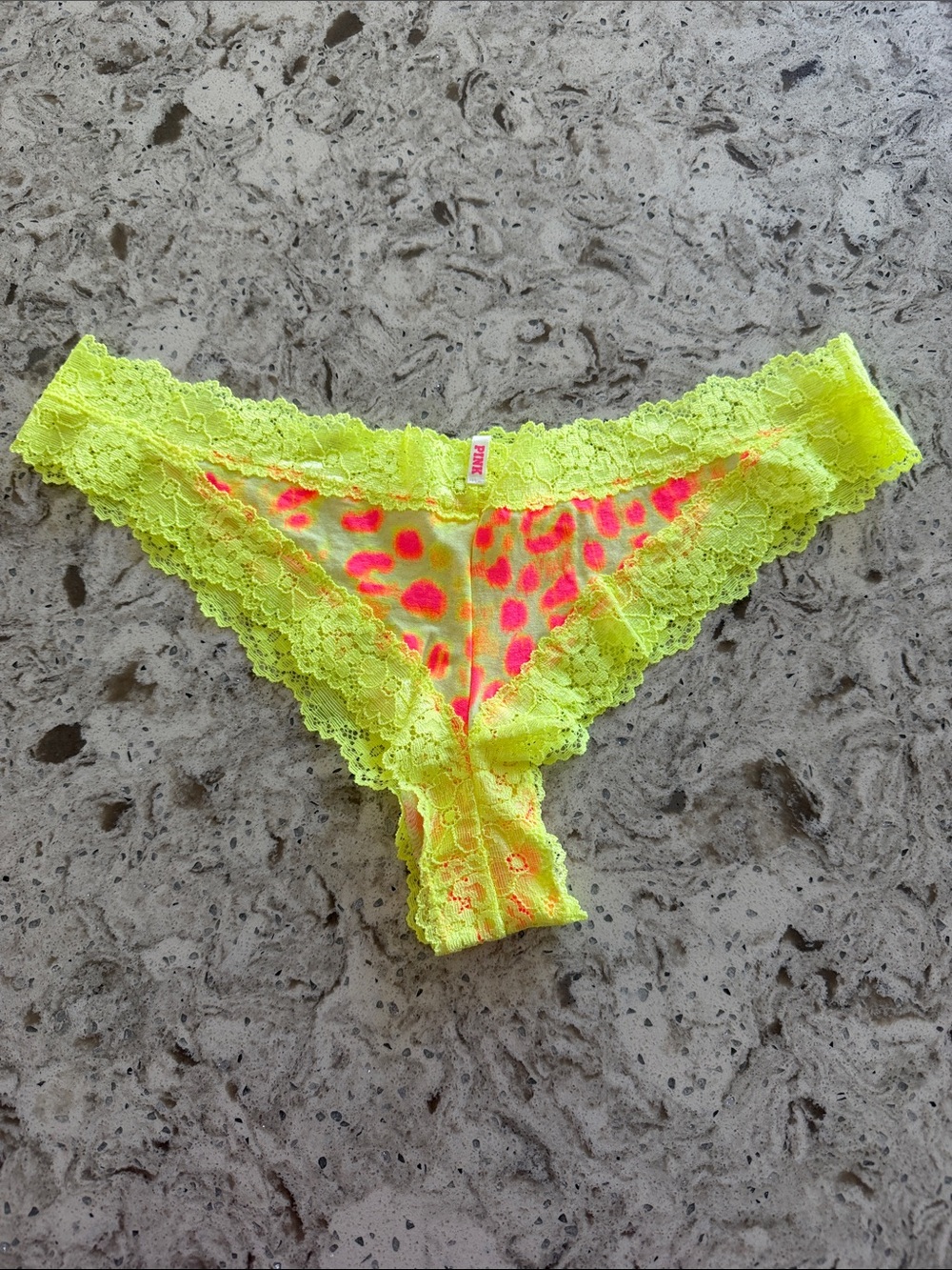 NWT PINK Neon Yellow Lace Thong with Pink Neon Leopard Print